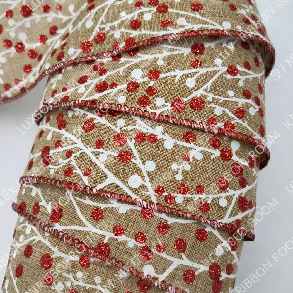 RENAISSANCE 2000 Wired Burlap Ribbon 2.5” Red Glitter Berry Two (2) Yards